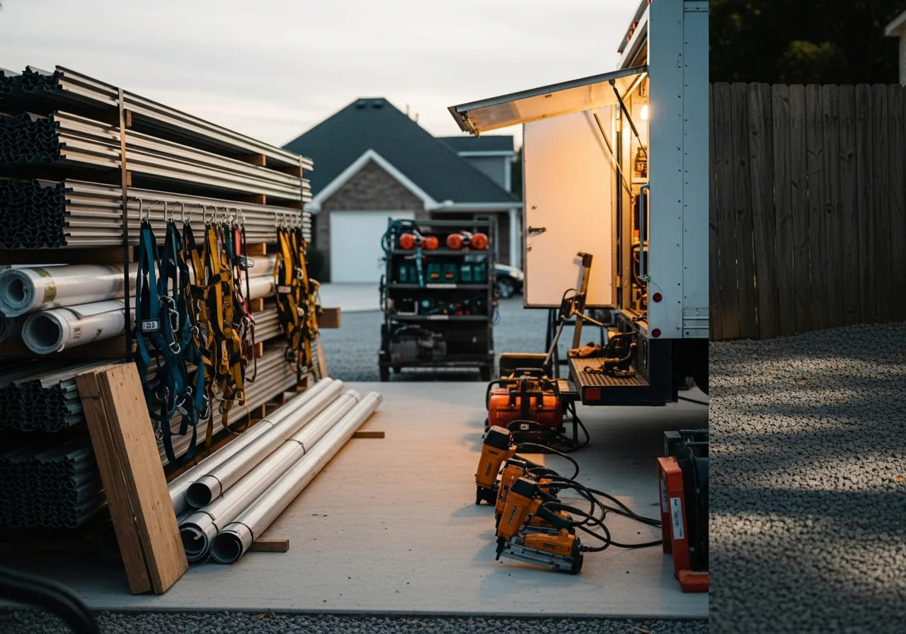 Professional roofing crew with tools and equipment ready for residential or commercial roof installation and repair work.