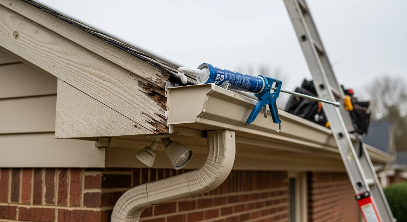 A repaired gutter section on a single-family home in Shelby, NC, with resealed joints and properly pitched run directing water into a downspout. Close-up shows secure hangers and clean fascia board along the roofline after service.