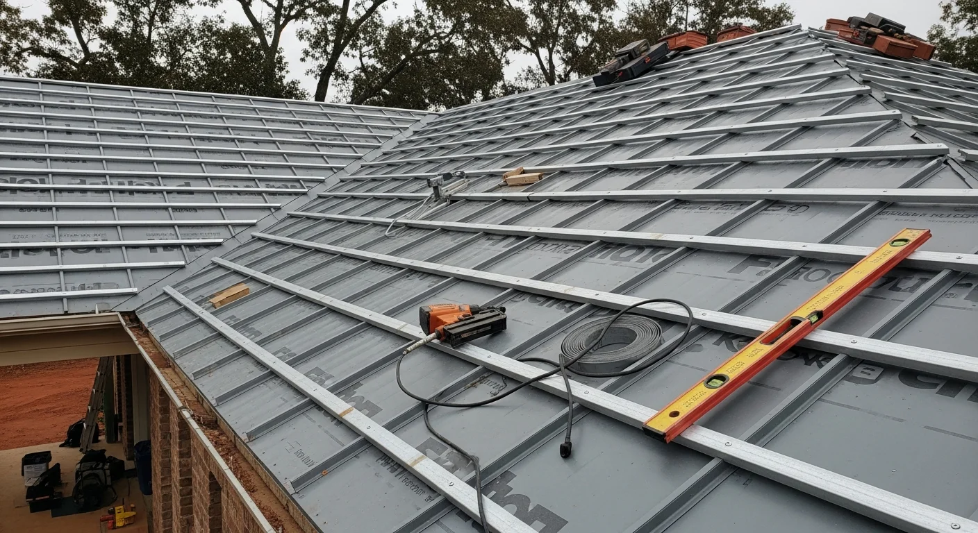 Completed standing seam metal roof installation on a residential home in Shelby, NC, showing clean panel lines and finished ridge cap. The roof reflects afternoon sunlight against a backdrop of mature trees typical of the Shelby area.