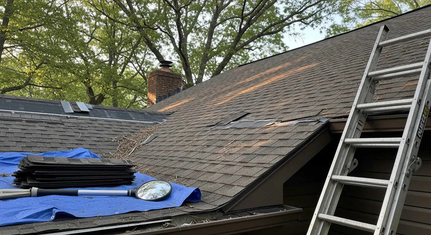 A roofing contractor from Infinity Roofing inspecting storm-damaged shingles on a residential roof in Shelby, NC. Close-up view shows lifted shingles and granule loss consistent with wind and hail damage common in Cleveland County.
